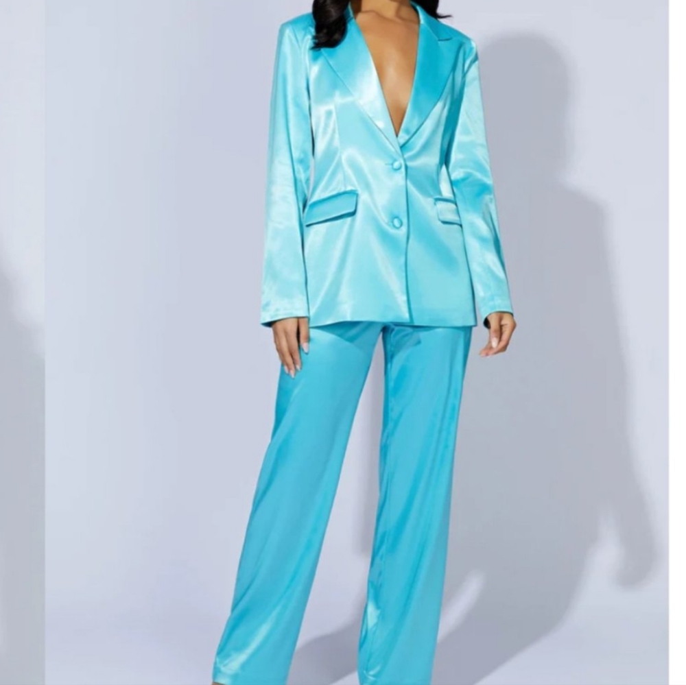 Meshki Blue Satin Pant Suit Set With Matching Corset Top XS